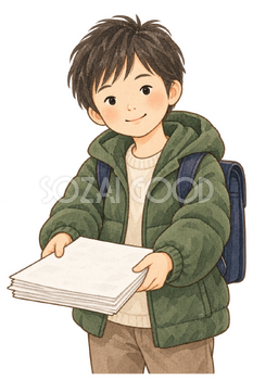 冬休みの宿題を出す子どもの水彩イラスト｜3学期始業式の無料素材 106568