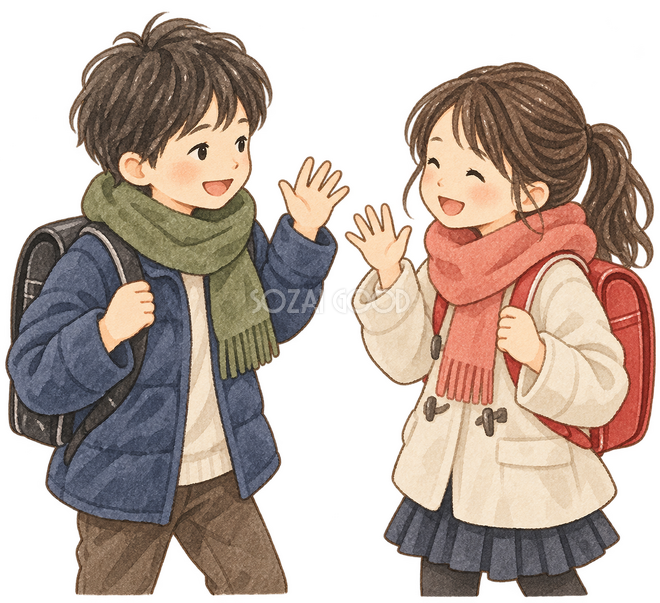 友達と再会する子ども二人 友達と再会する子ども二人