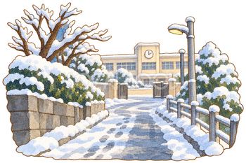 冬の朝の通学路の水彩イラスト｜3学期始業式の無料素材 106574