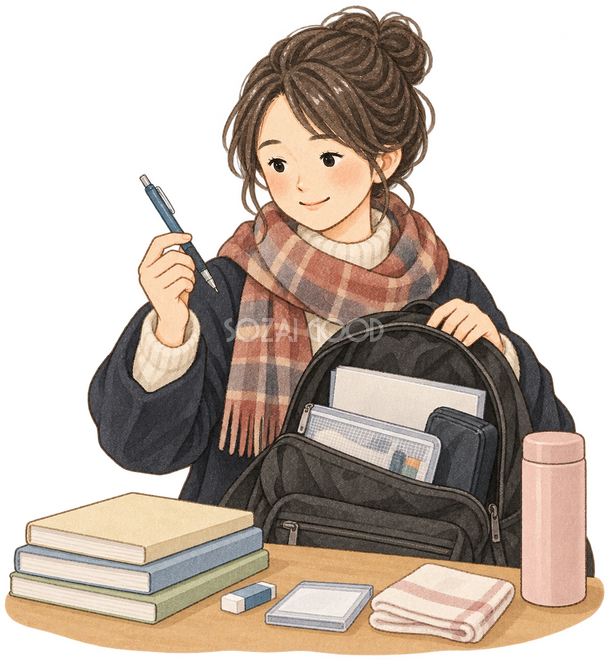 持ち物を確認する学生