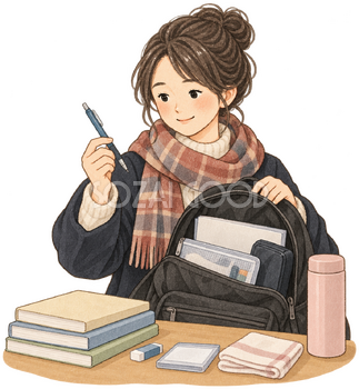 持ち物を確認する学生の水彩イラスト｜大学入学共通テストの無料素材 106575