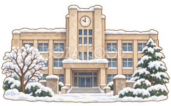 冬の受験会場の校舎の水彩イラスト｜大学入学共通テストの無料素材 106577