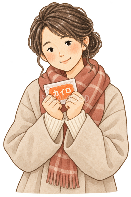 カイロで手を温める女性