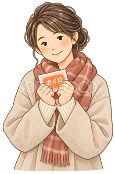 カイロで手を温める女性の水彩イラスト｜使い捨てカイロの無料素材 106587