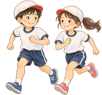 並んで走る子ども二人の水彩イラスト｜持久走大会の無料素材 106588