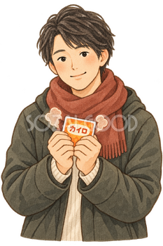 カイロで手を温める男性の水彩イラスト｜使い捨てカイロの無料素材 106589