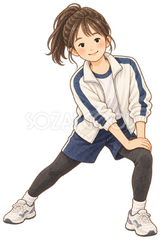 準備運動する女の子の水彩イラスト｜持久走大会の無料素材 106594