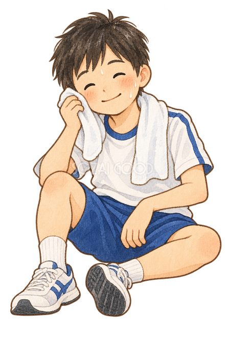 走り終えて休む男の子 走り終えて休む男の子