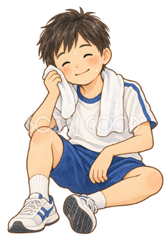走り終えて休む男の子の水彩イラスト｜持久走大会の無料素材 106595