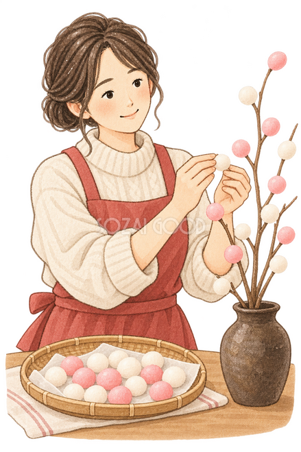 繭玉を作る女性 繭玉を作る女性