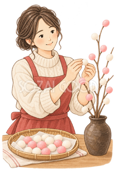繭玉を作る女性の水彩イラスト｜小正月の無料素材 106617