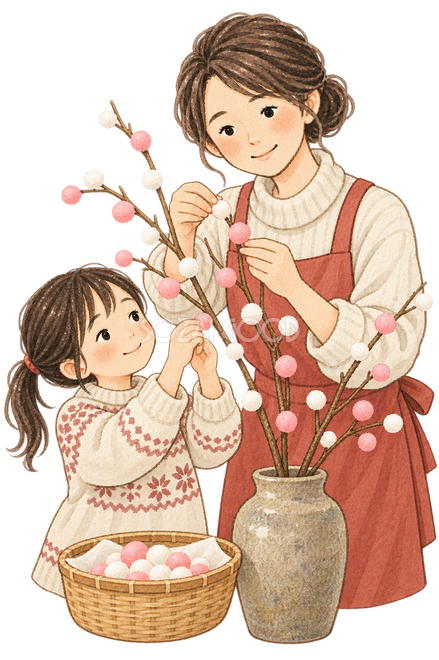 餅花を飾る親子 餅花を飾る親子