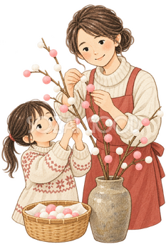 餅花を飾る親子の水彩イラスト｜小正月の無料素材 106619