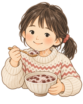 小豆粥を食べる子どもの水彩イラスト｜小正月の無料素材 106627