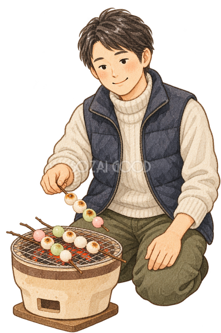 繭玉を焼く男性 繭玉を焼く男性