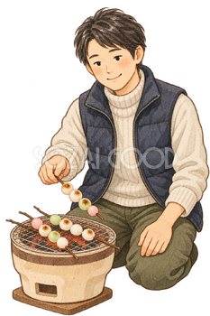 繭玉を焼く男性の水彩イラスト｜小正月の無料素材 106629