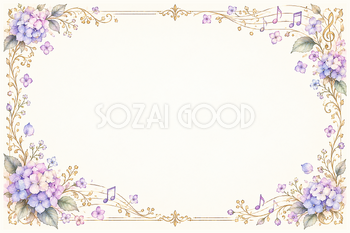 紫陽花と音符の横長音楽フレーム｜無料イラスト素材 106772