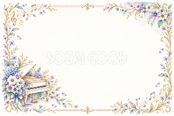 ピアノと花束の横長音楽フレーム｜無料イラスト素材 106788