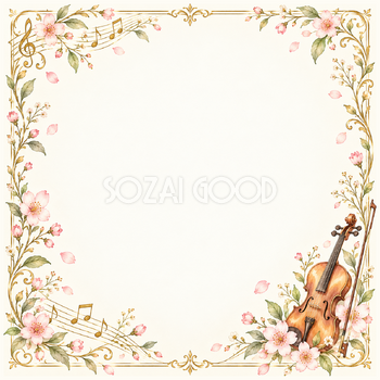 ヴァイオリンと桜の正方形音楽フレーム｜無料イラスト素材 106799