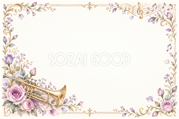 トランペットとバラの横長音楽フレーム｜無料イラスト素材 106805