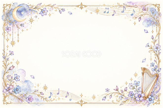 星空の花束とハープの音楽フレーム