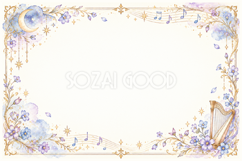 星空の花束とハープの横長音楽フレーム｜無料イラスト素材 106866