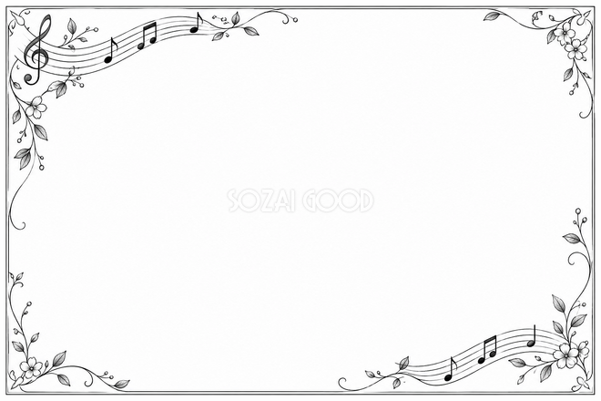 曲線と小花の音符の白黒音楽フレーム