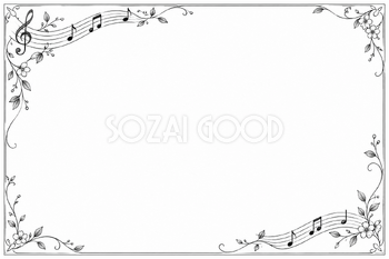 曲線と小花の音符の横長音楽フレーム｜無料イラスト素材 106873