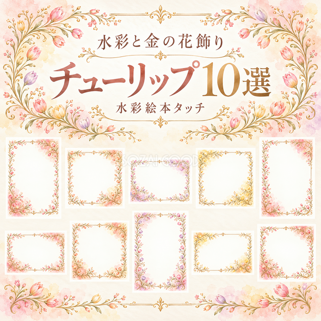 水彩と金の花飾りフレーム10選 水彩と金の花飾りフレーム10選
