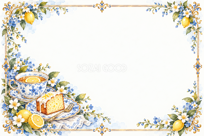 青いカップとレモンケーキ枠 青いカップとレモンケーキ枠