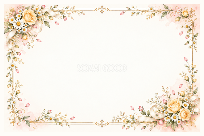 黄色の花とリボンのお祝い枠 黄色の花とリボンのお祝い枠