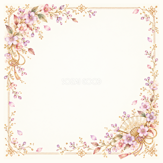 紫の花と扇のお祝い枠 紫の花と扇のお祝い枠