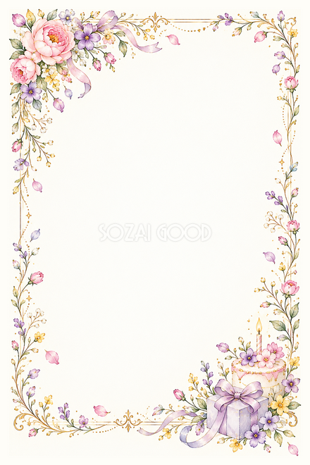 藤色の花と贈り物のお祝い枠 藤色の花と贈り物のお祝い枠