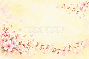 桜の花びらと音符の水彩背景｜音楽・発表会の横長無料イラスト素材 107390