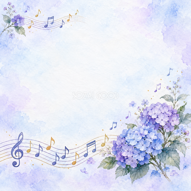 青紫の紫陽花と音符の背景 青紫の紫陽花と音符の背景