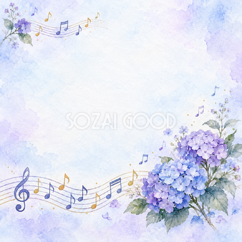 青紫の紫陽花と音符の水彩背景｜音楽・発表会の正方形無料イラスト素材 107391