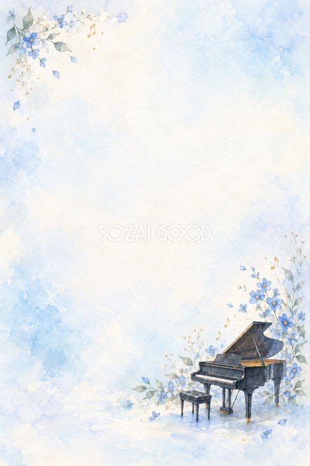 黒いピアノと青い小花の背景