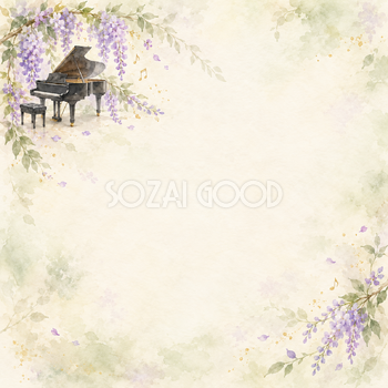 黒いピアノと藤色の花の水彩背景｜音楽・発表会の正方形無料イラスト素材 107399