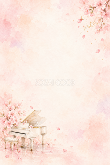 白いピアノと桜の背景