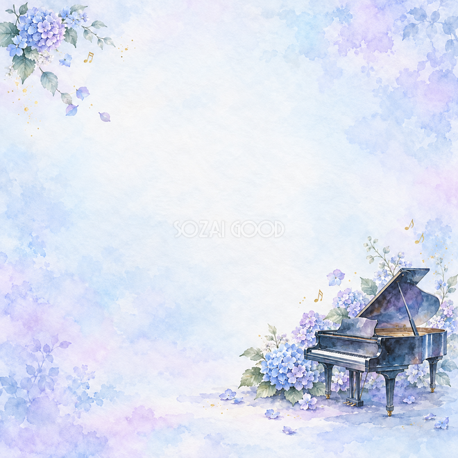 ピアノと青紫の紫陽花の背景