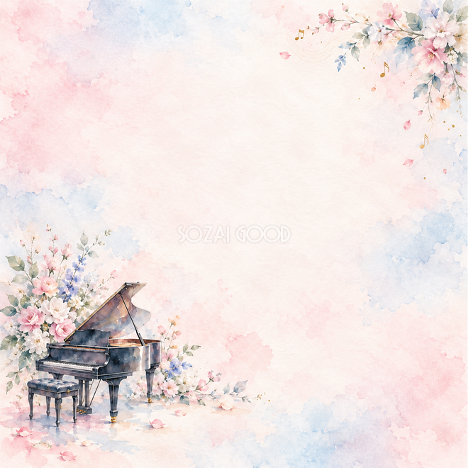 ピアノと淡い花束の背景 ピアノと淡い花束の背景