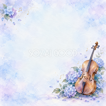 チェロと紫陽花の水彩背景｜音楽・発表会の正方形無料イラスト素材 107413