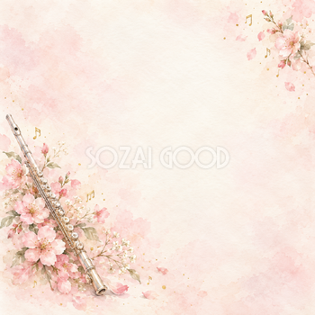 フルートとピンクの花の水彩背景｜音楽・発表会の正方形無料イラスト素材 107418