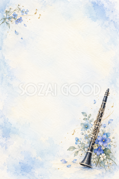 クラリネットと青い花の水彩背景｜音楽・発表会の縦長無料イラスト素材 107419