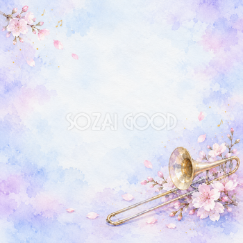 トロンボーンと桜の水彩背景｜音楽・発表会の正方形無料イラスト素材 107424
