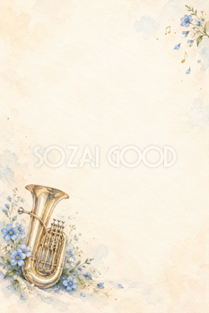 チューバと青い小花の水彩背景｜音楽・発表会の縦長無料イラスト素材 107425