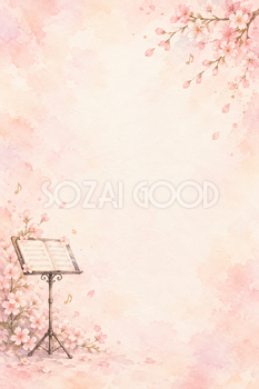 譜面台と桜の水彩背景｜音楽・発表会の縦長無料イラスト素材 107433