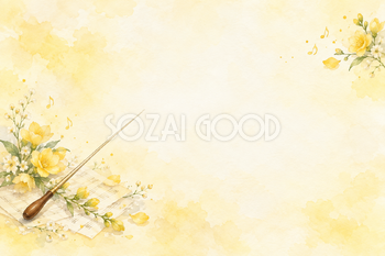 指揮棒と黄色の花の水彩背景｜音楽・発表会の横長無料イラスト素材 107434