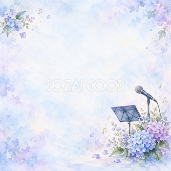 マイクと紫陽花の水彩背景｜音楽・発表会の正方形無料イラスト素材 107435