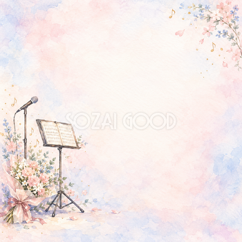 マイクと譜面台と花束の水彩背景｜音楽・発表会の正方形無料イラスト素材 107438